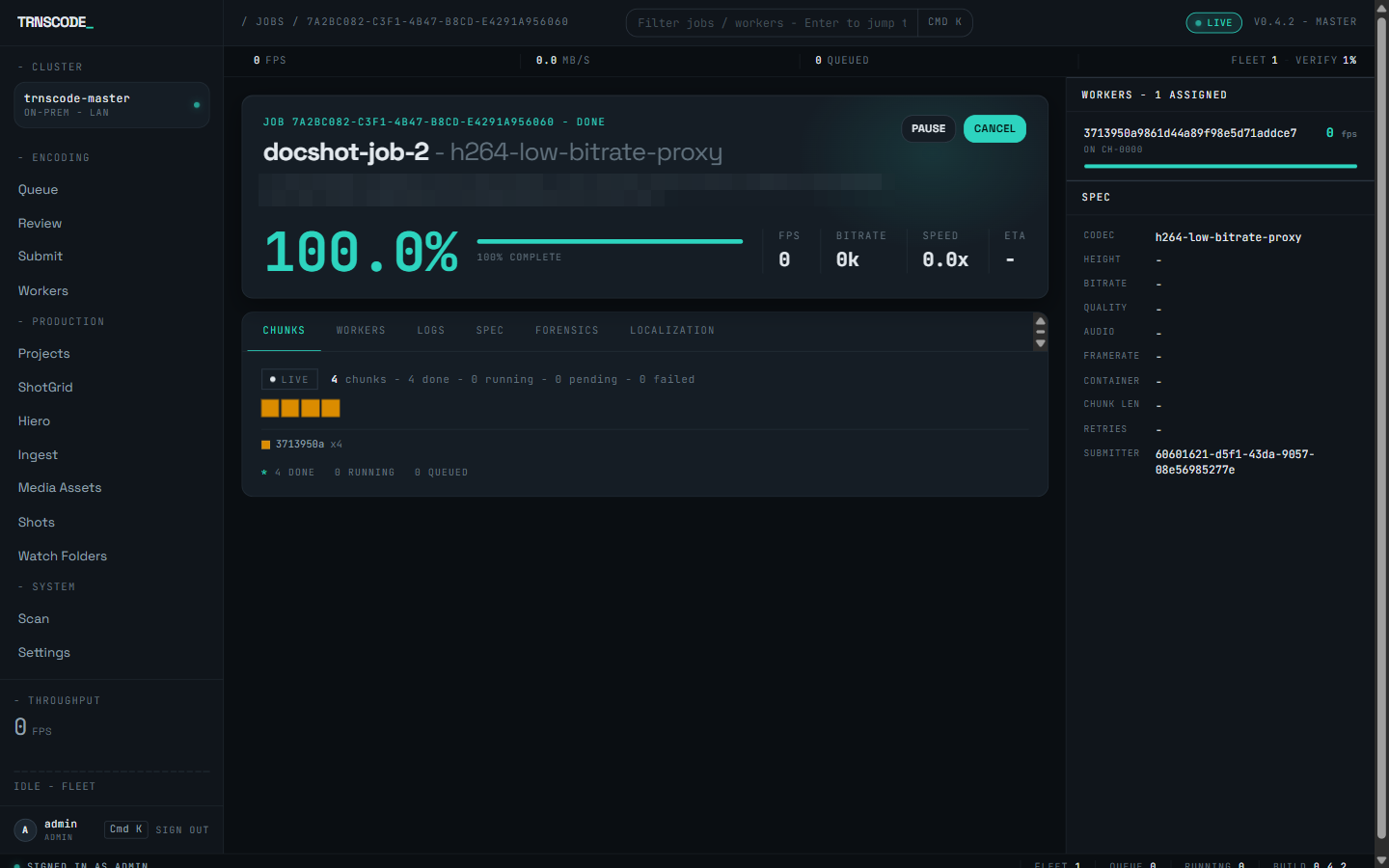 A completed job's detail page: the progress hero reads 100.0% with FPS, bitrate, speed and ETA readouts and Pause and Cancel buttons; the Chunks tab shows a four-chunk map, and the right rail lists the assigned worker and the spec