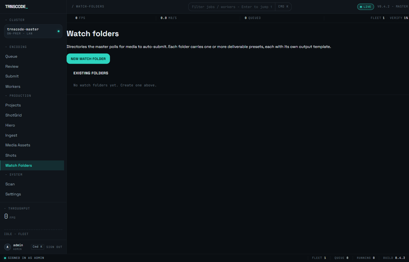 The Watch Folders page in the web console, selected in the sidebar's Production group, with a New watch folder button above an empty Existing folders list