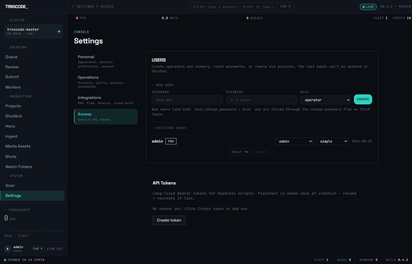 The Settings → Access sub-page showing the Users panel with a new-user form (username, password, role) and one existing admin account with role and UI-mode selectors, and the API Tokens panel with a Create token button