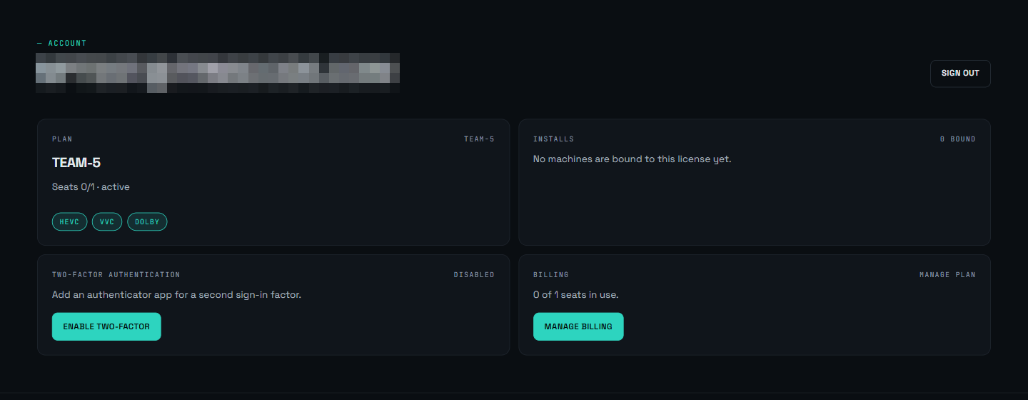 The account dashboard signed in on a paid tier, email redacted: a Plan card showing the tier, seat usage and the tier's codec entitlements; an Installs card with no machines bound; a Two-factor authentication card with an enable button; and a Billing card with a Manage billing button